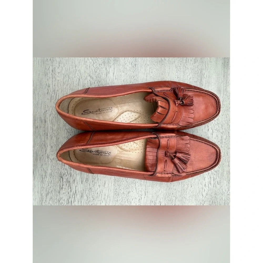 Santoni Tassel Kiltie Loafers Women 11 D Brown Leather Vero Cuoio Made In Italy